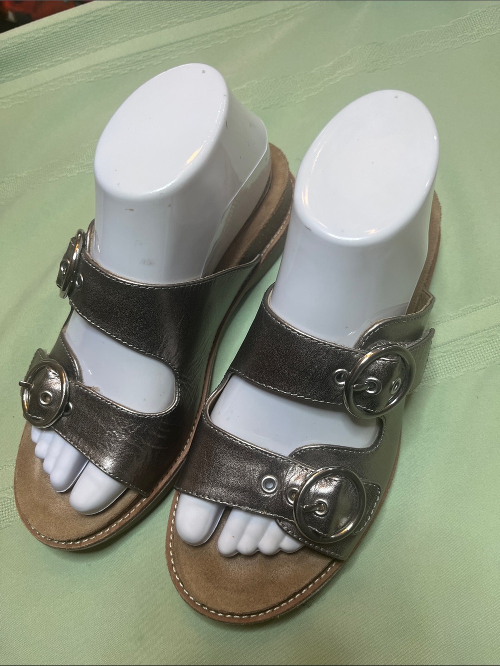 Sofft Metallic Taupe Slide Sandals with Buckle Straps
